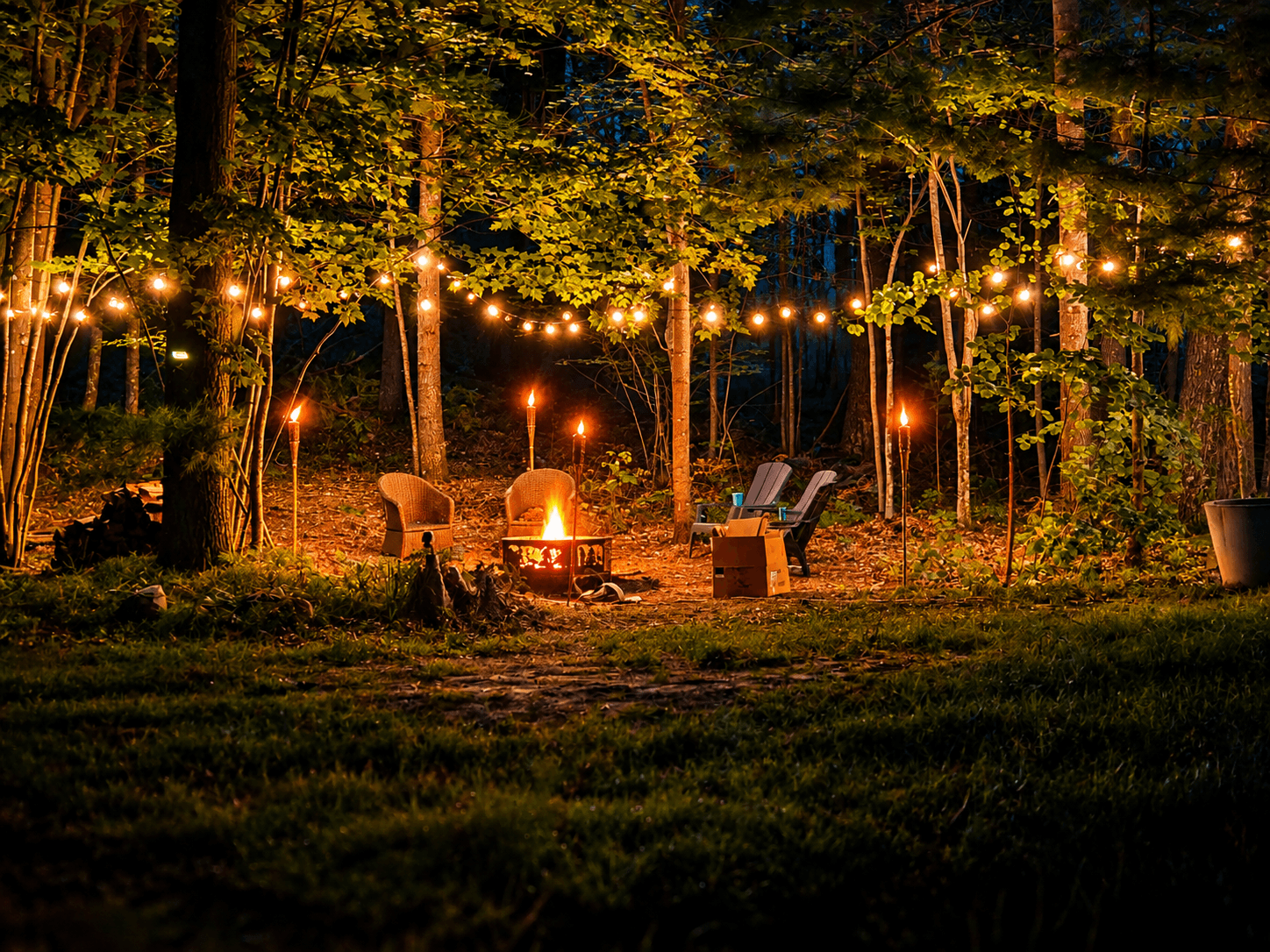 Illuminated fire pit gathering area surrounded by woods at night